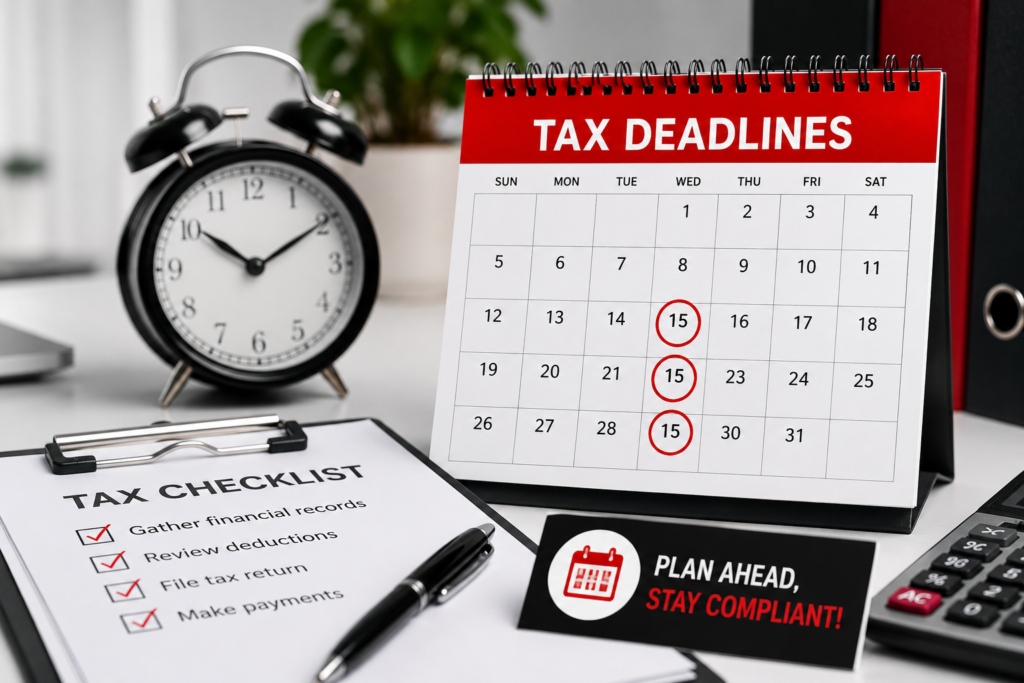 Tax deadline calendar with checklist and alarm clock