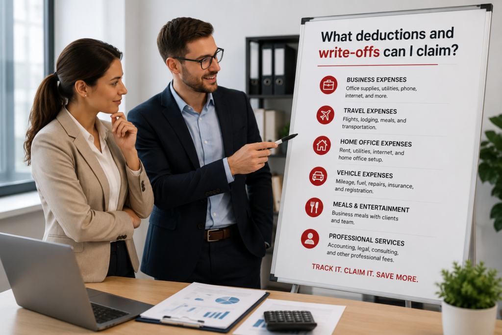 Business professionals reviewing tax deductions presentation board