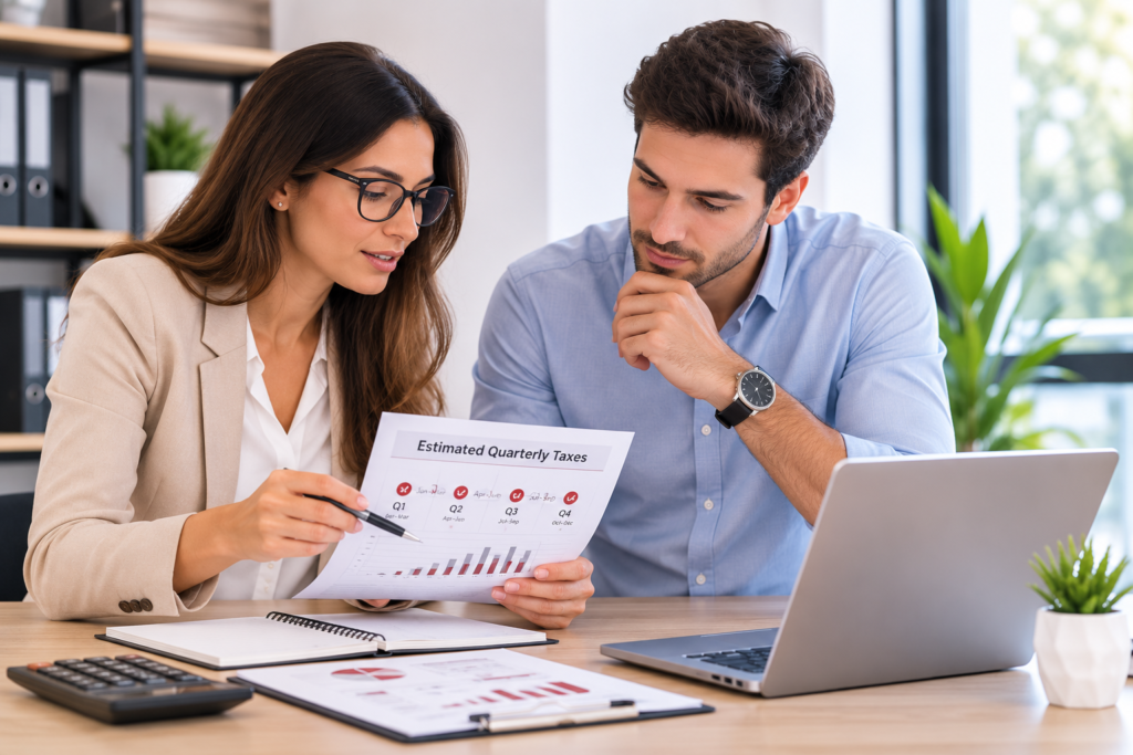 Two professionals reviewing estimated quarterly taxes document