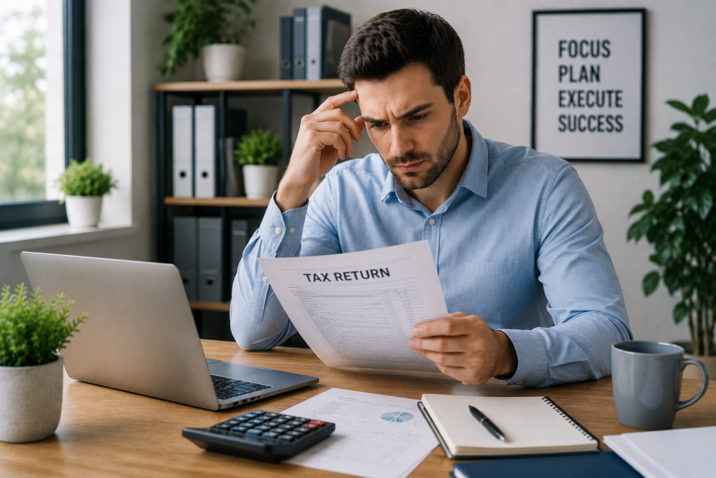 Man reviewing tax return at office desk