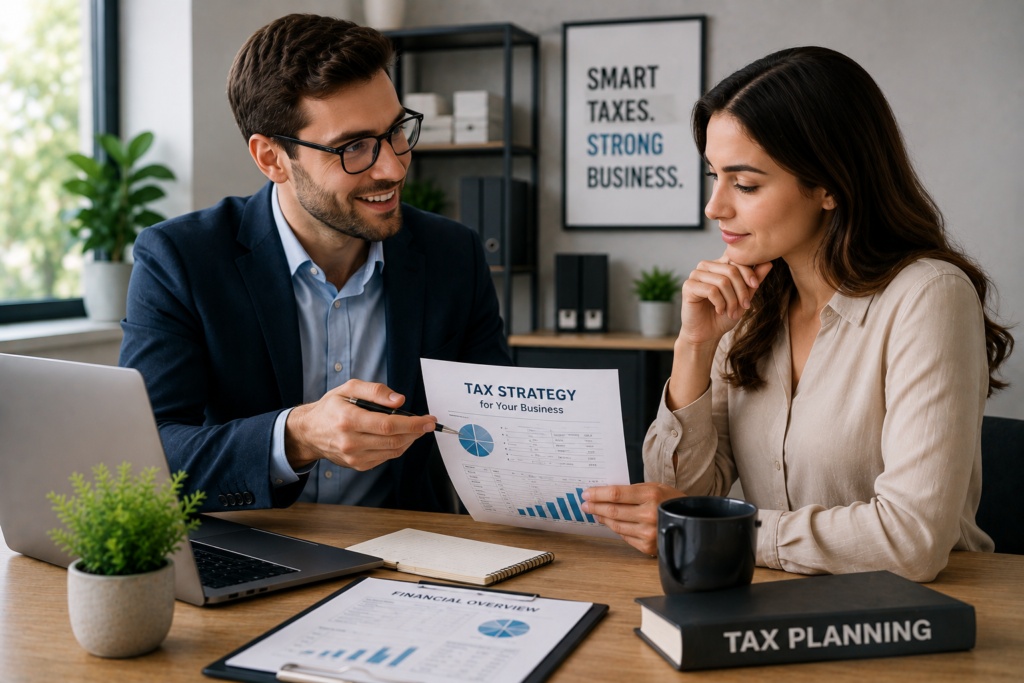 Business professionals reviewing tax strategy document in office