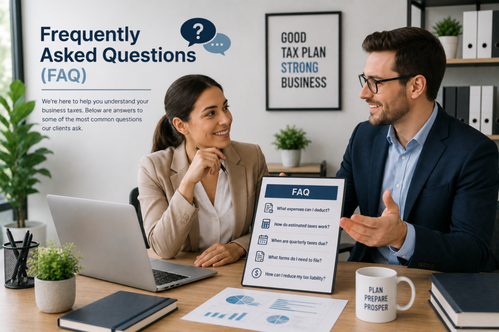 Business consultants discussing tax FAQ in office