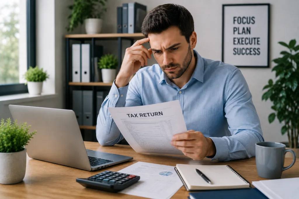 Business owner reviewing tax documents at a desk