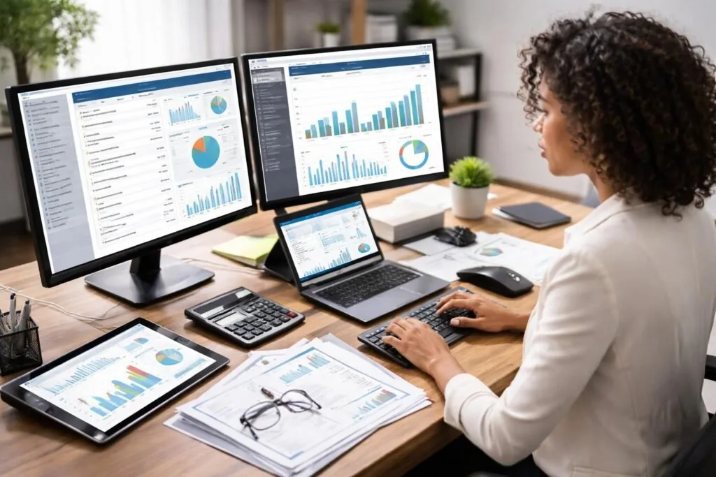 Financial reports displayed on desktop and laptop screens