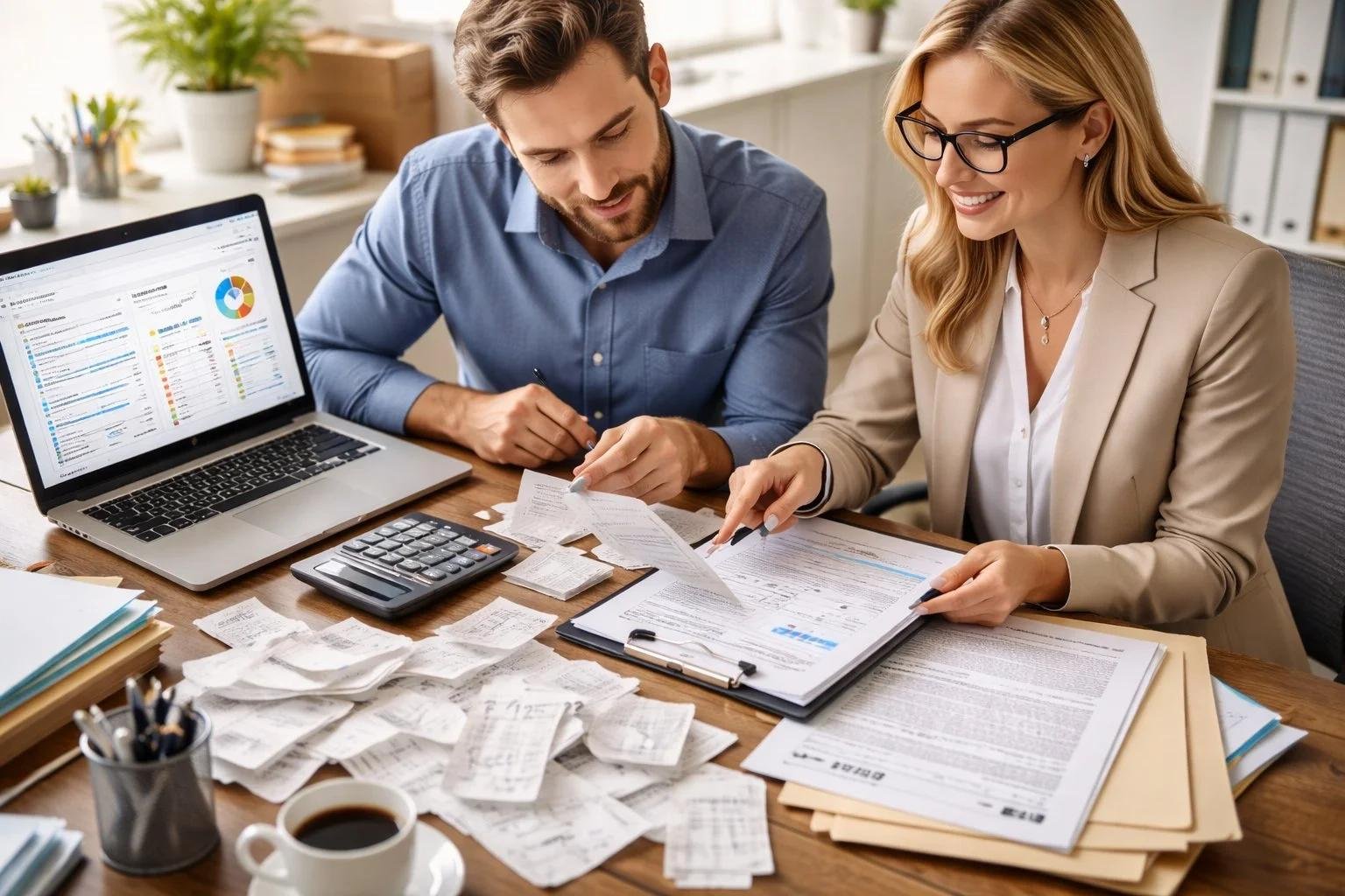 Small business owner reviewing expense records and eligible tax deductions with an accountant