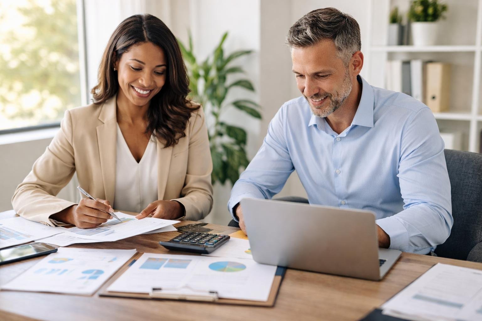 Small business owner and accountant reviewing tax planning strategies and financial records
